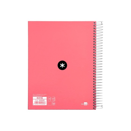 Cuaderno espiral liderpapel a5 micro antartik tapa forrada120h 100 gr liso 5 bandas 6 taladros color coral