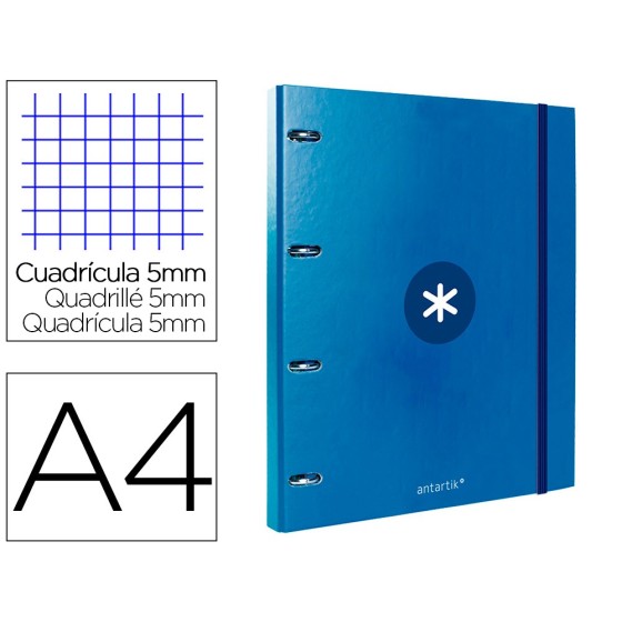 Carpeta con recambio liderpapel antartik a4 cuadro 5mm forrada 4 anillas 25mm redondas color azul