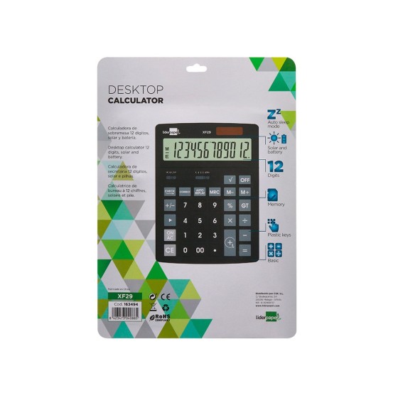 Calculadora liderpapel sobremesa xf29 12 digitos solar y pilas color negro 190x140x30 mm