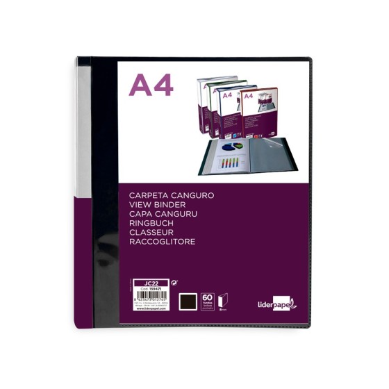Carpeta liderpapel 60 fundas canguro pp din a4 negro opaco portada y lomo personalizable