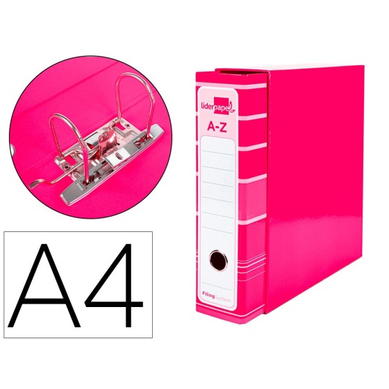 Archivador de palanca liderpap el a4 filing system forrado sin rado lomo 80mm rosa con caja y compresor metalico