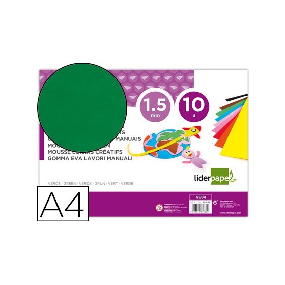Goma eva liderpapel din a4 60g/m2 espesor 1,5mm verde paquete de 10 hojas