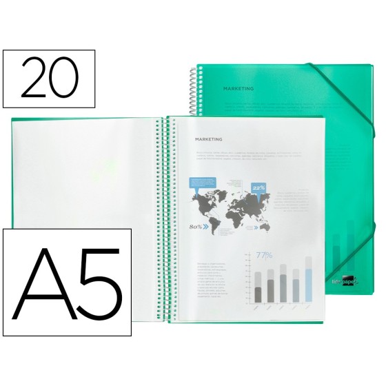 Carpeta liderpapel escaparate con espiral 20 fundas polipropileno din a5 verde