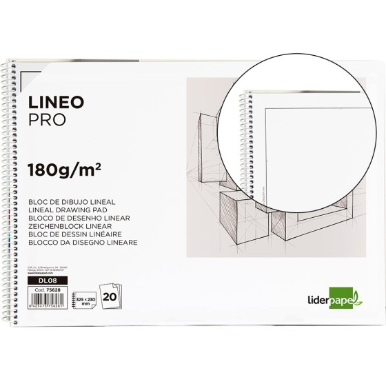 Bloc dibujo liderpapel lineal espiral 230x325mm 20 hojas 180 g/m2 con recuadro perforado