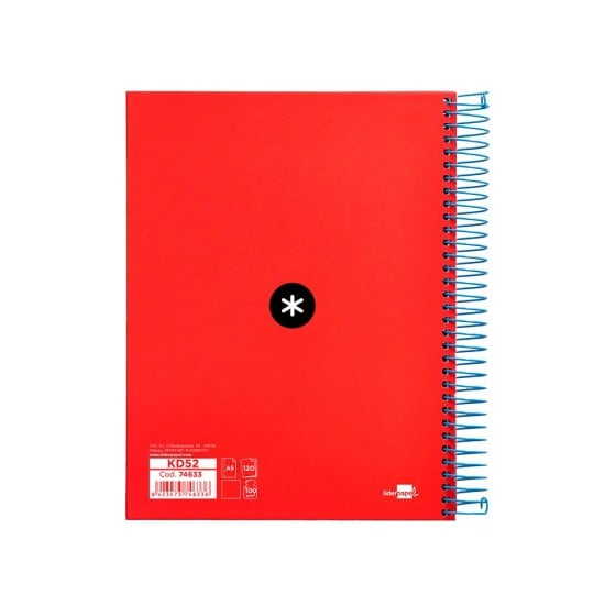 Cuaderno espiral liderpapel a5 micro antartik tapa forrada 120h 100g liso con bandas 6 taladros color rojo