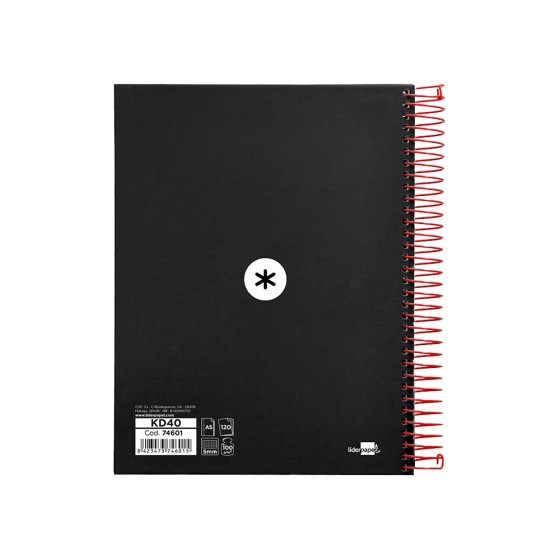 Cuaderno espiral liderpapel a5 micro antartik tapa forrada120h 100 gr cuadro 5mm 5 bandas 6 taladros color negro