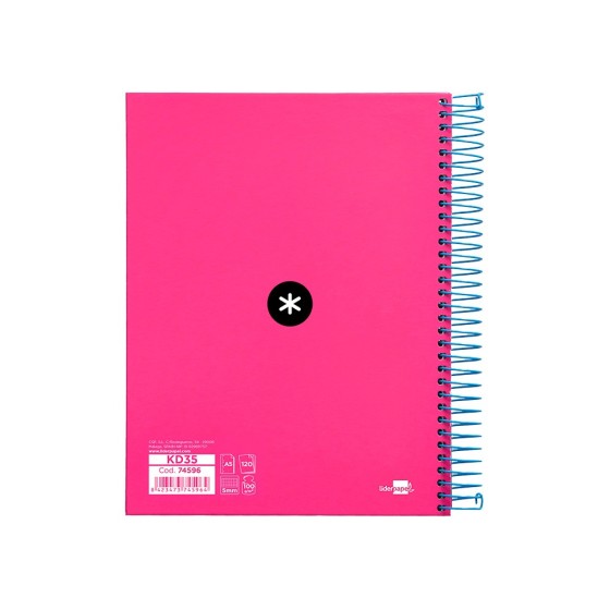 Cuaderno espiral liderpapel a5 micro antartik tapa forrada120h 100 gr cuadro 5mm 5 bandas 6 taladros color rosa