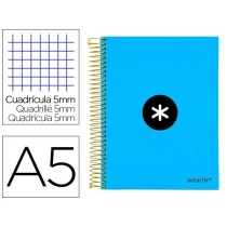 Cuaderno espiral liderpapel a5 micro antartik tapa forrada120h 100 gr cuadro 5mm 5 bandas 6 taladros color azul