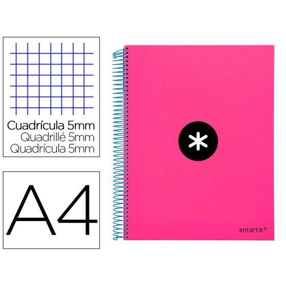 Cuaderno espiral liderpapel a4 micro antartik tapa forrada120h 100 gr cuadro 5mm 5 bandas 4 taladros color rosa
