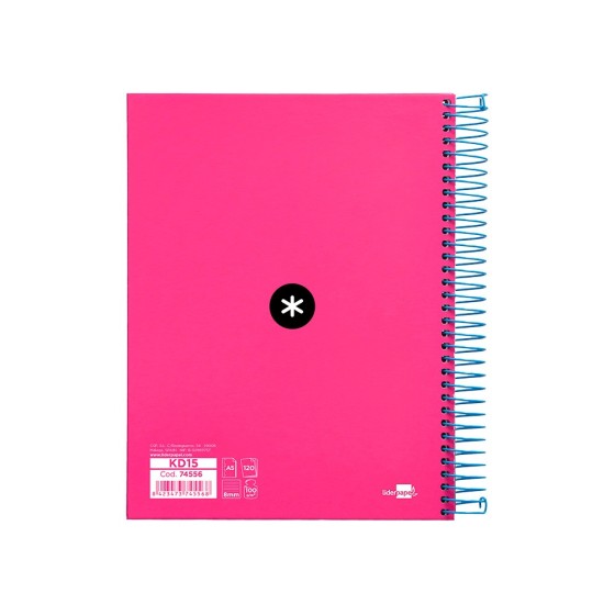 Cuaderno espiral liderpapel a5 micro antartik tapa forrada 120h 100 gr horizontal 5 bandas 6 taladros color rosa
