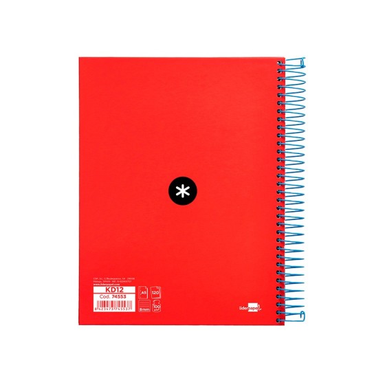 Cuaderno espiral liderpapel a5 micro antartik tapa forrada 120h 100 gr horizontal 5 bandas 6 taladros color rojo.