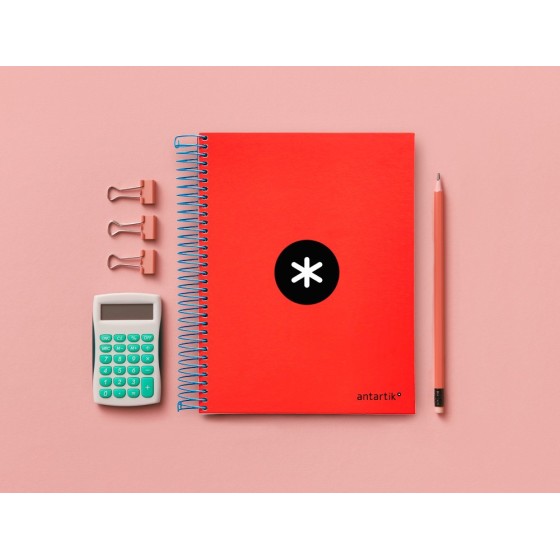 Cuaderno espiral liderpapel a5 micro antartik tapa forrada 120h 100 gr horizontal 5 bandas 6 taladros color rojo.