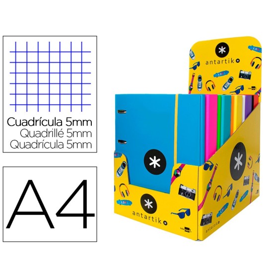 Carpeta con recambio liderpapel antartik a4 cuadro 5 mm forrada 4 anillas 25mm redondas colores surtidos