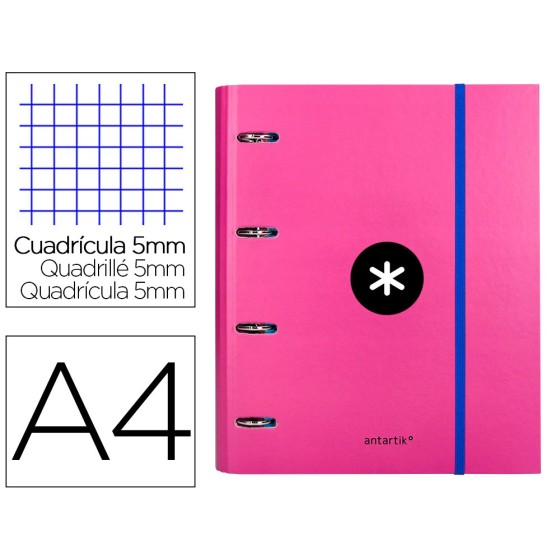 Carpeta con recambio liderpapel antartik a4 cuadro 5 mm forrada 4 anillas 40mm redondas color rosa