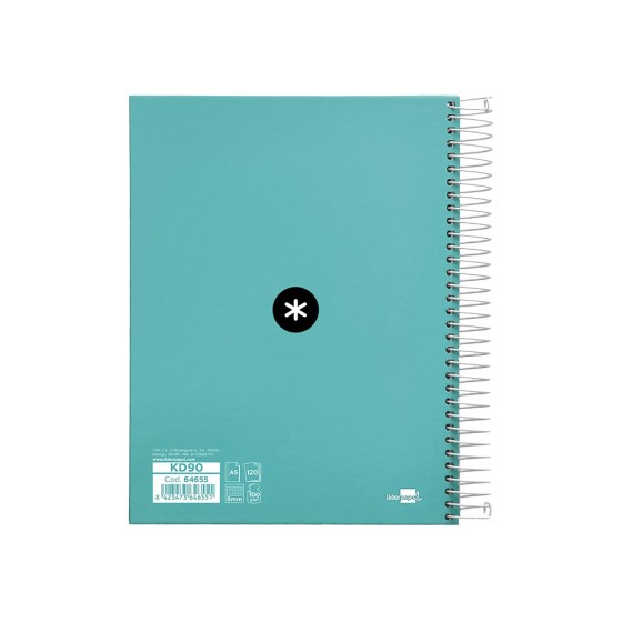 Cuaderno espiral liderpapel a5 micro antartik tapa forrada120h 100 gr cuadro 5 mm 5 band6 taladros color menta