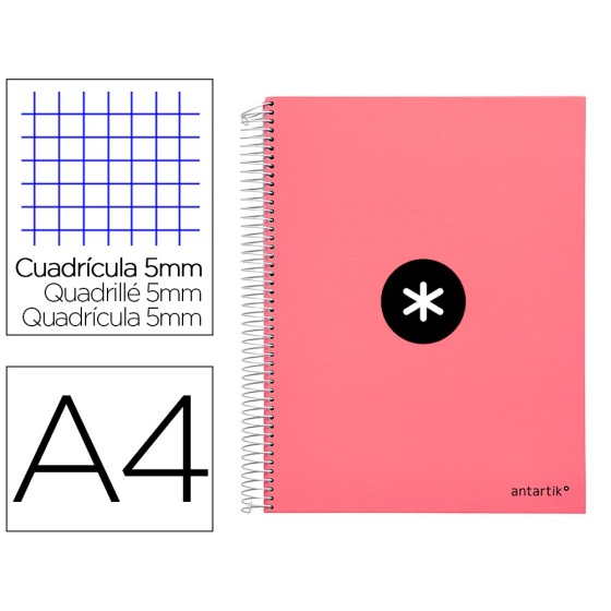 Cuaderno espiral liderpapel a4 micro antartik tapa forrada120h 100 gr cuadro 5mm 5 banda4 taladros color coral
