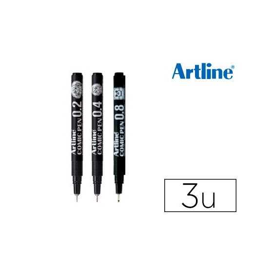 Rotulador artline comic pen calibrado micrometrico negro bolsa de 3 uds 0,2 0,4 0,8 mm