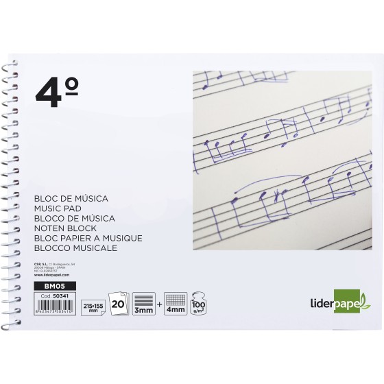 Bloc musica liderpapel combi pentagrama 3mm mas cuadricula de 4mm para anotaciones cuarto20 hojas 100g/m2