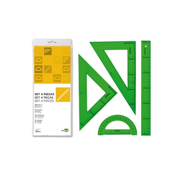 Juego escuadra cartabon regla 30 cm y semicirculo en petaca liderpapel verde