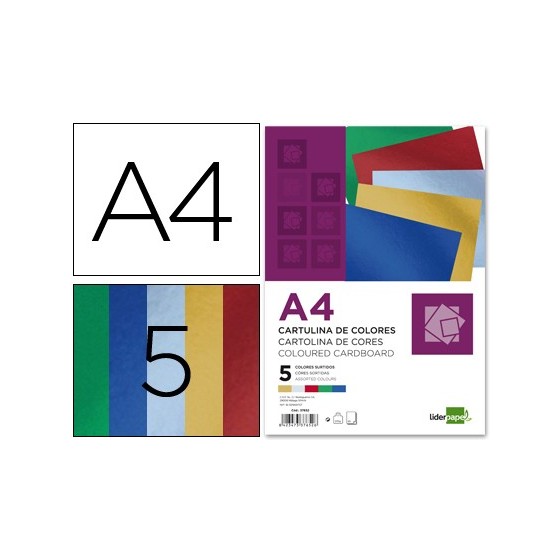 Cartulina liderpapel a4 235 g/m2 metalizada 5 colores surtidos paquete de 50