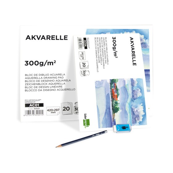 Bloc dibujo liderpapel acuarela encolado 210x297mm 20 hojas 300g/m2 sin recuadro