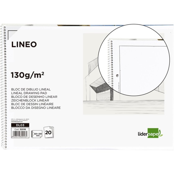 Bloc dibujo liderpapel lineal espiral 230x325mm 20 hojas 130g/m2 con recuadro 2 taladros perforado