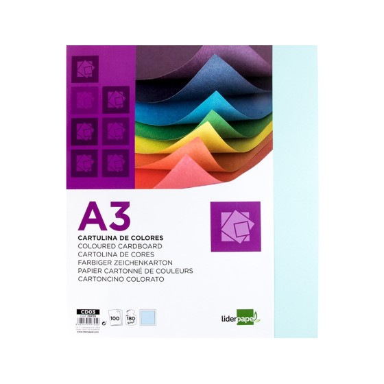 Cartulina liderpapel a3 180g/m2 celeste paquete de 100hojas