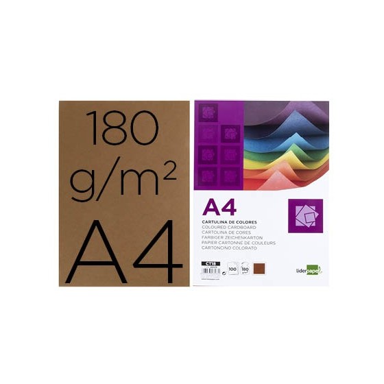 Cartulina liderpapel a4 180g/m2 marron paquete de 100 hojas