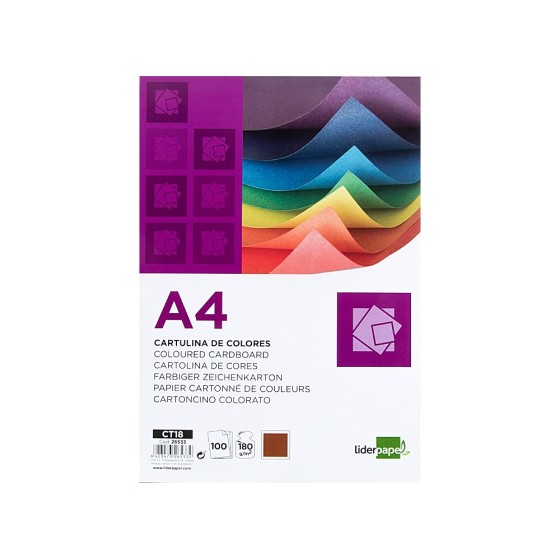 Cartulina liderpapel a4 180g/m2 marron paquete de 100 hojas