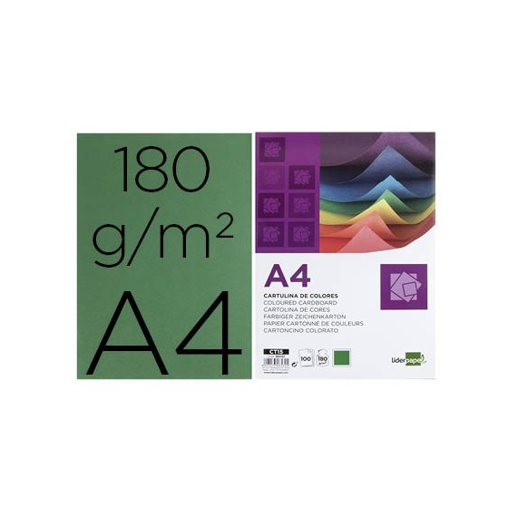 Cartulina liderpapel a4 180g/m2 verde abeto paquete de100 hojas