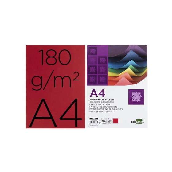 Cartulina liderpapel a4 180g/m2 rojo paquete de 100 hojas