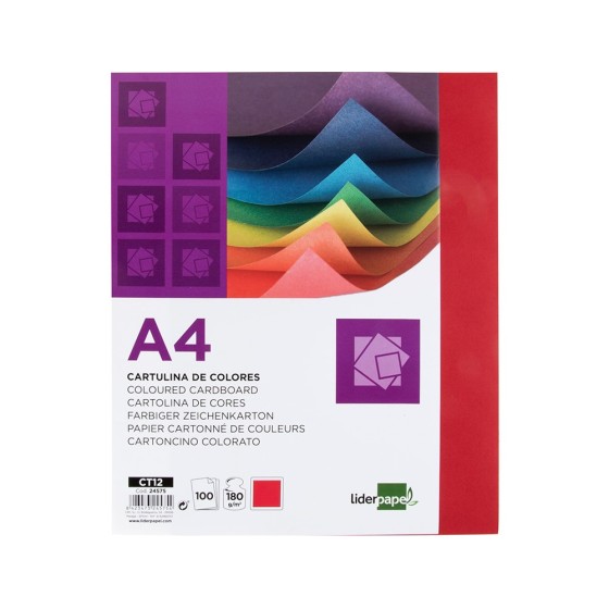 Cartulina liderpapel a4 180g/m2 rojo paquete de 100 hojas