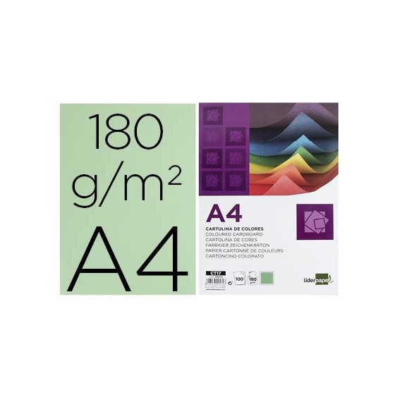 Cartulina liderpapel a4 180g/m2 verde paquete de 100 hojas