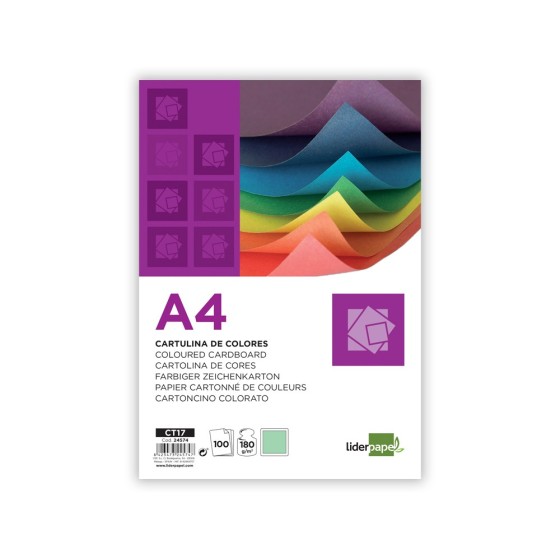 Cartulina liderpapel a4 180g/m2 verde paquete de 100 hojas