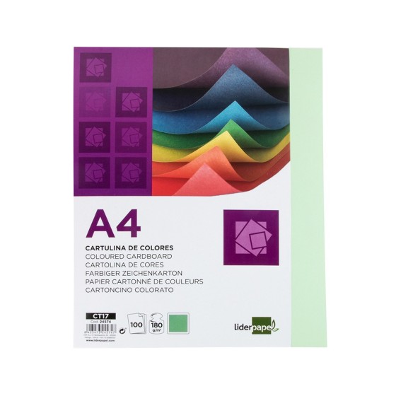 Cartulina liderpapel a4 180g/m2 verde paquete de 100 hojas