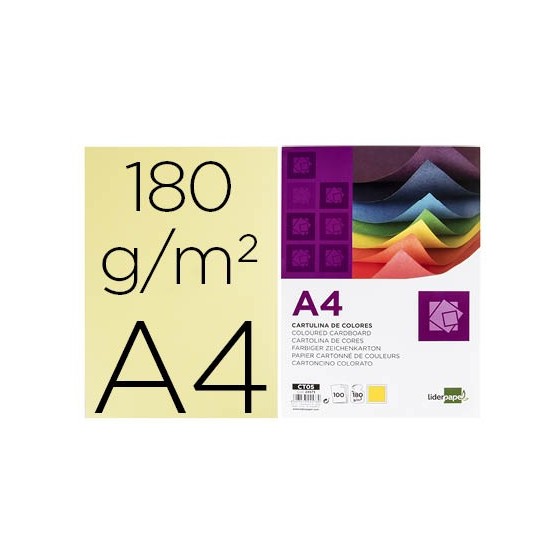 Cartulina liderpapel a4 180g/m2 amarillo paquete de 100 hojas