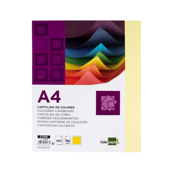 Cartulina liderpapel a4 180g/m2 amarillo paquete de 100 hojas