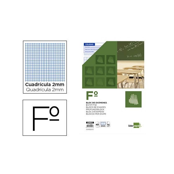 Bloc examenes liderpapel cuadro 2mm folio 40 hojas 60g/m2