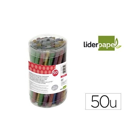 Barra termofusible purpurina liderpapel 7 mm diametro x 100 mm de alto bote 50 unidades colores surtidos