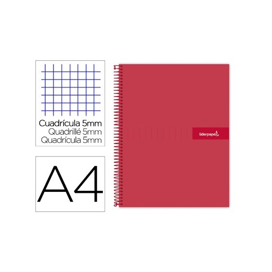 Cuaderno espiral liderpapel a4 micro crafty tapa forrada 120h 90 gr cuadro 5 mm 5 bandas 4 colores color rojo