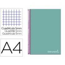 Cuaderno espiral liderpapel a4 micro jolly tapa forrada 140h 75 gr cuadro 5mm 5 bandas4 taladros color turquesa