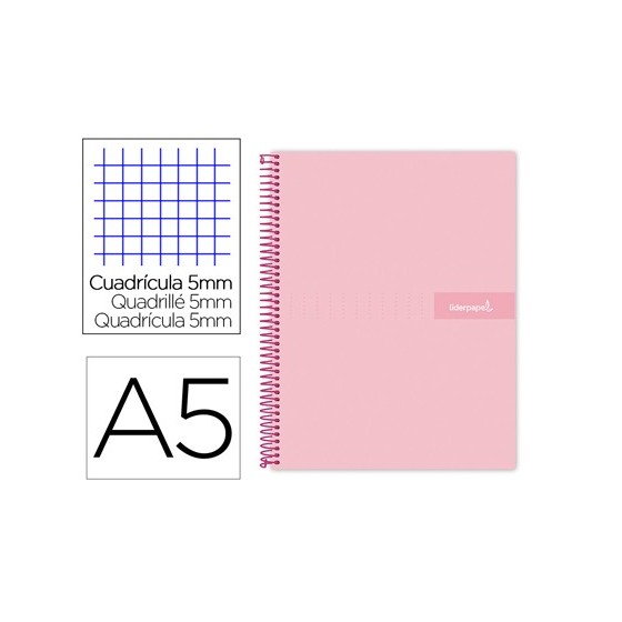 Cuaderno espiral liderpapel a5 micro crafty tapa forrada 120h 90 gr cuadro 5mm 5 bandas6 taladros color rosa