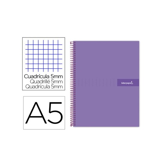 Cuaderno espiral liderpapel a5 micro crafty tapa forrada 120h 90 gr cuadro 5mm 5 bandas6 taladros color violeta