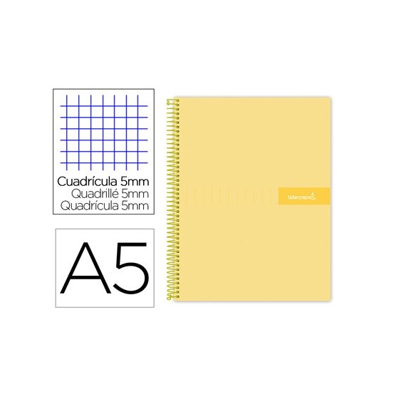 Cuaderno espiral liderpapel a5 micro crafty tapa forrada 120h 90 gr cuadro 5mm 5 bandas6 taladros color amarillo