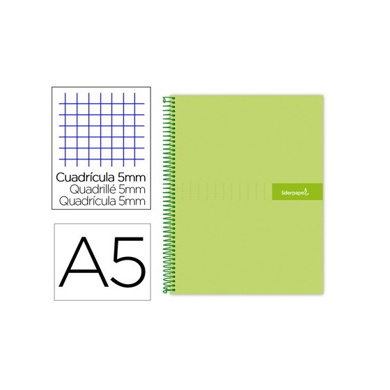 Cuaderno espiral liderpapel a5 micro crafty tapa forrada 120h 90 gr cuadro 5mm 5 bandas6 taladros color verde
