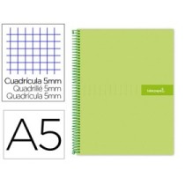 Cuaderno espiral liderpapel a5 micro crafty tapa forrada 120h 90 gr cuadro 5mm 5 bandas6 taladros color verde