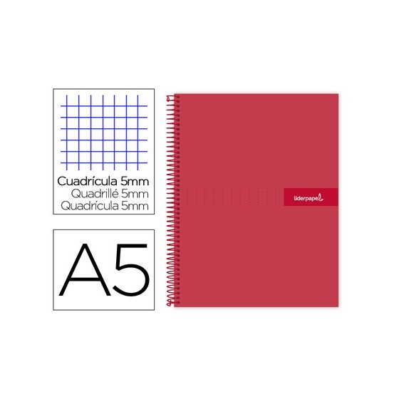 Cuaderno espiral liderpapel a5 micro crafty tapa forrada 120h 90 gr cuadro 5mm 5 bandas6 taladros color rojo