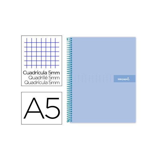 Cuaderno espiral liderpapel a5 micro crafty tapa forrada 120h 90 gr cuadro 5mm 5 bandas6 taladros color celeste