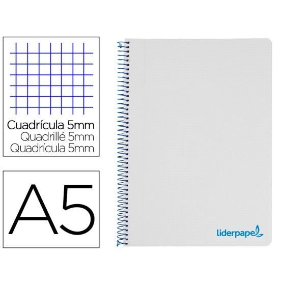 Cuaderno espiral liderpapel a5 micro wonder tapa plastico 120h 90g cuadro 5mm 5 bandas 6 taladros color gris
