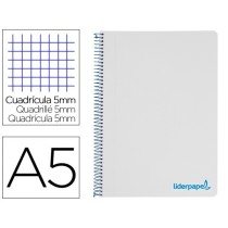 Cuaderno espiral liderpapel a5 micro wonder tapa plastico 120h 90g cuadro 5mm 5 bandas 6 taladros color gris